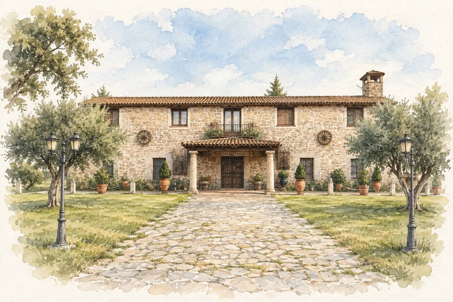 Acuarela de la Finca Valmojado entre olivos